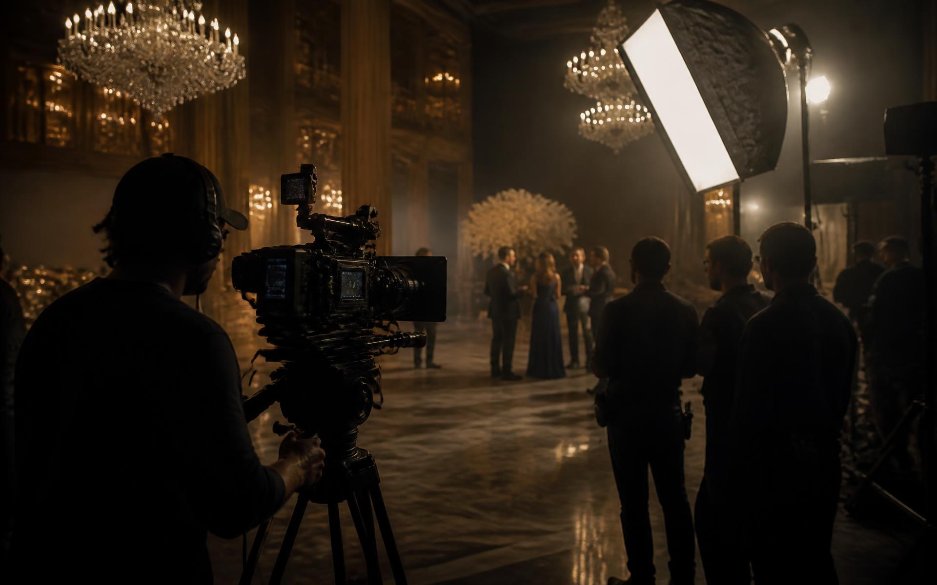 Cinema camera and lighting rig on a luxury event production set
